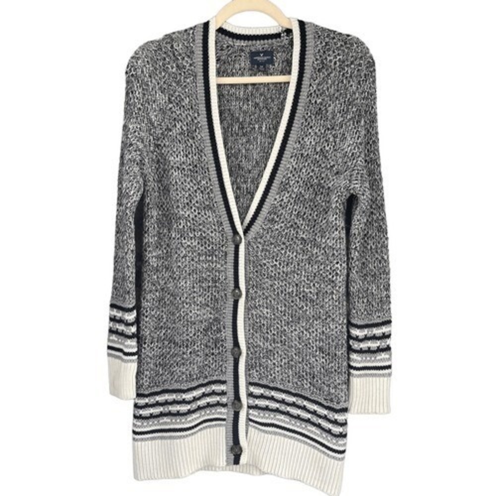 T6 American Eagle Outfitters Womens Gray‎ Black White Long Cardigan Sweater S P